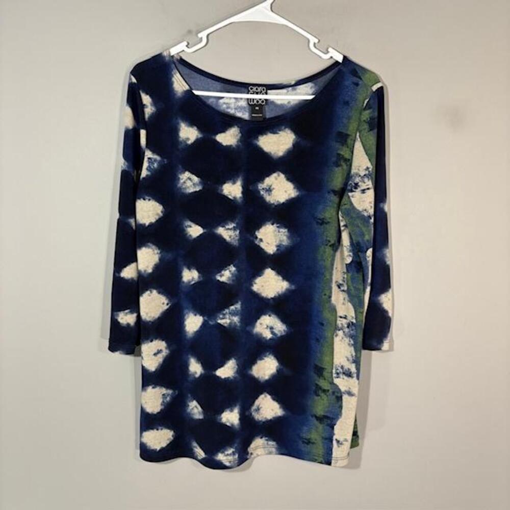 Clara Sun Woo Tunic Blouse Womens XS Blue Geometric Scoop Neck 3/4 Sleeve Top